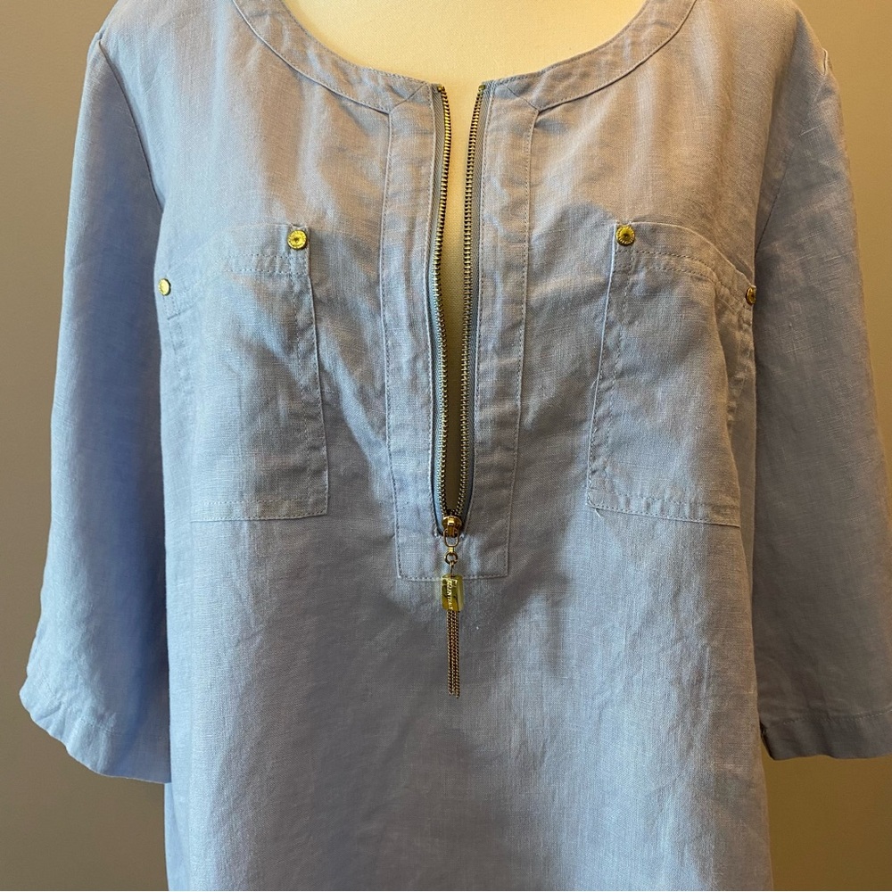 Ellen Tracy Soft Periwinkle Blue 100% linen top EUC LARGE